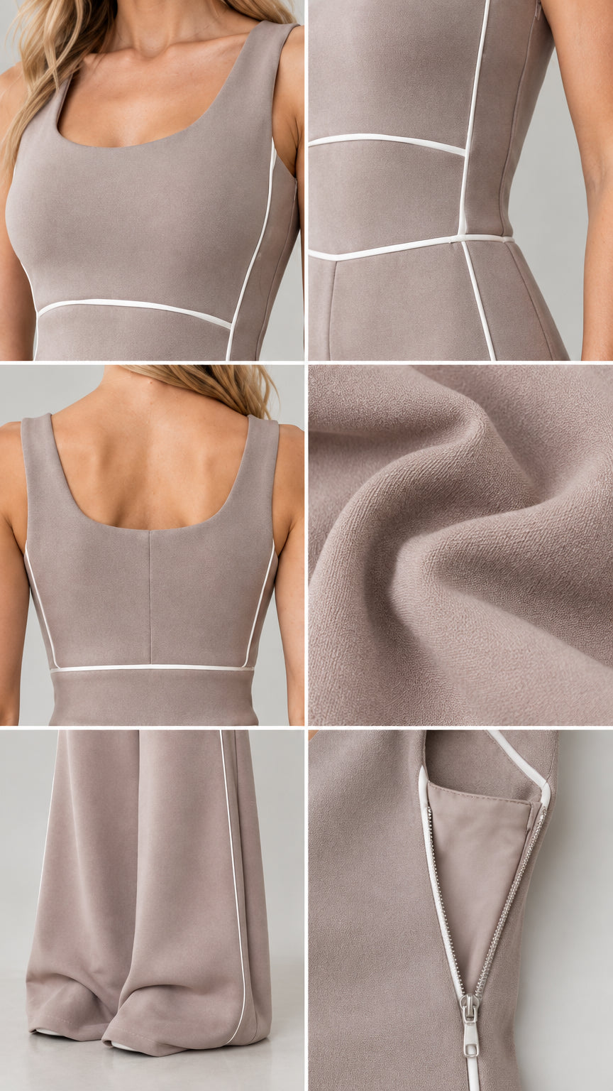 Detail close-up of neckline, waist piping, soft knit fabric texture, and zipper closure