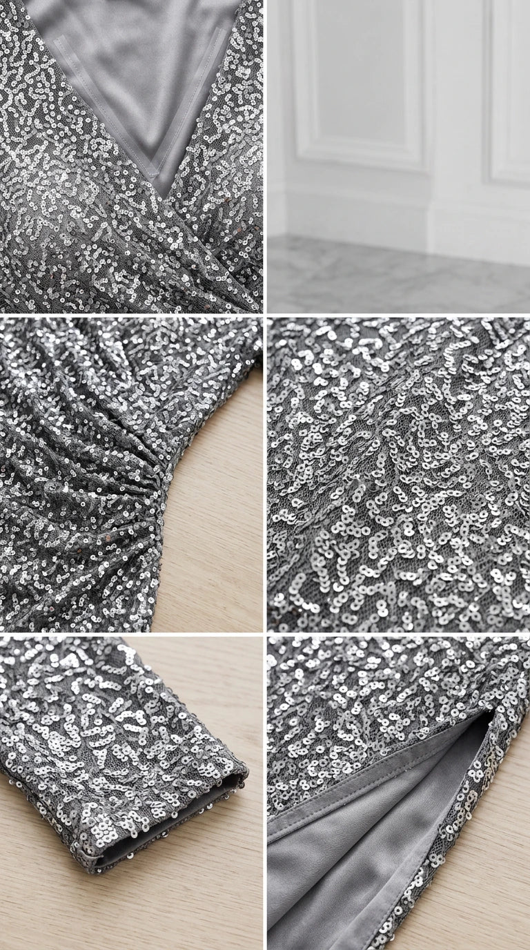 Close-up detail collage of silver sequin fabric, neckline wrap, waist ruching, and inner lining