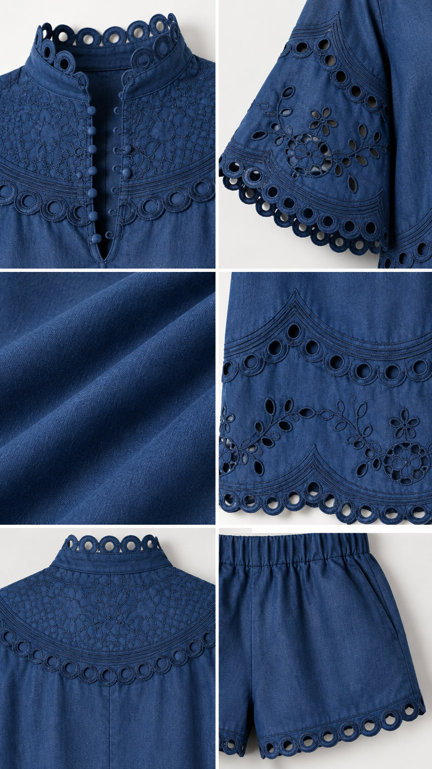 Close-up details of collar embroidery, scalloped sleeve, fabric texture, and elastic waist