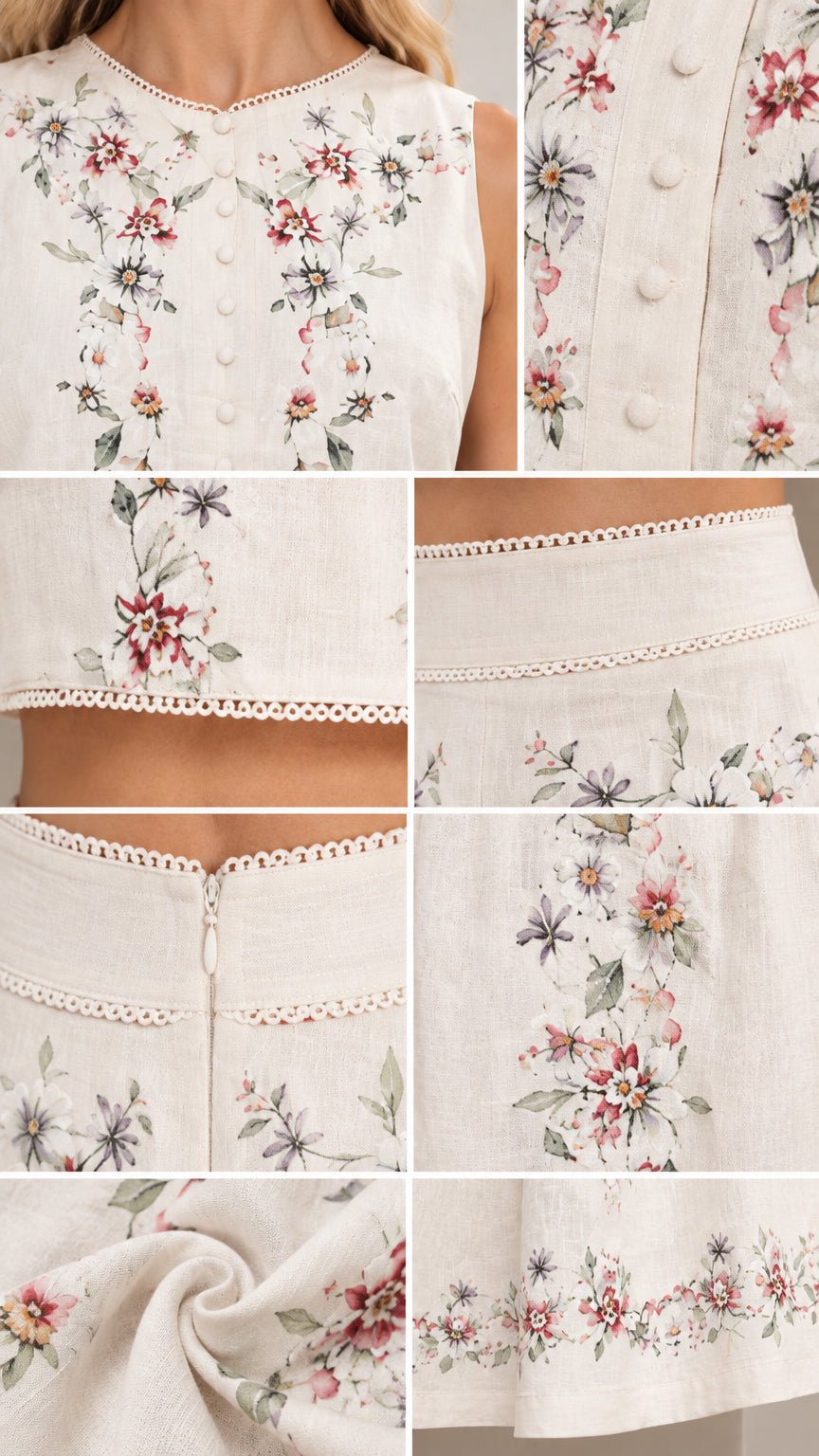 Detailed close-ups of floral embroidery, fabric texture, button details, and hem trim