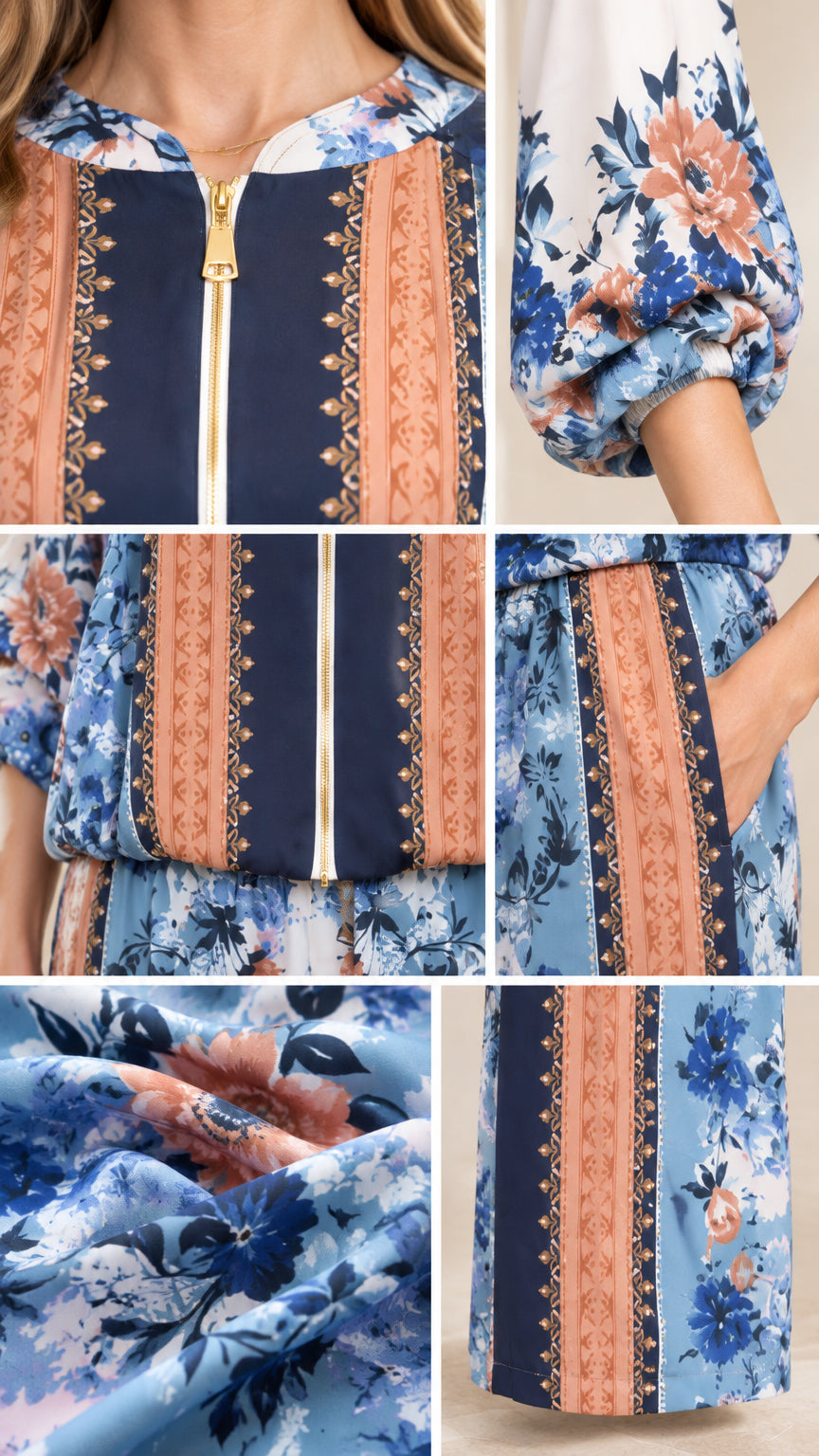 Close-up details of gold-tone zipper, floral print fabric, sleeve cuffs, and side pockets