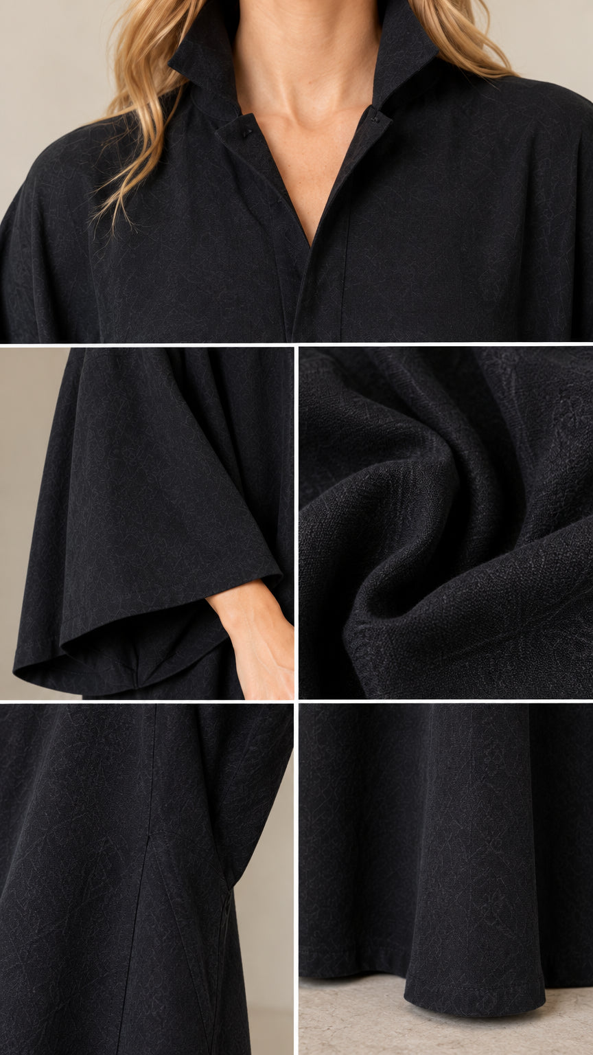 Close-up details of collar neckline, wide sleeve cuff, and textured fabric weave