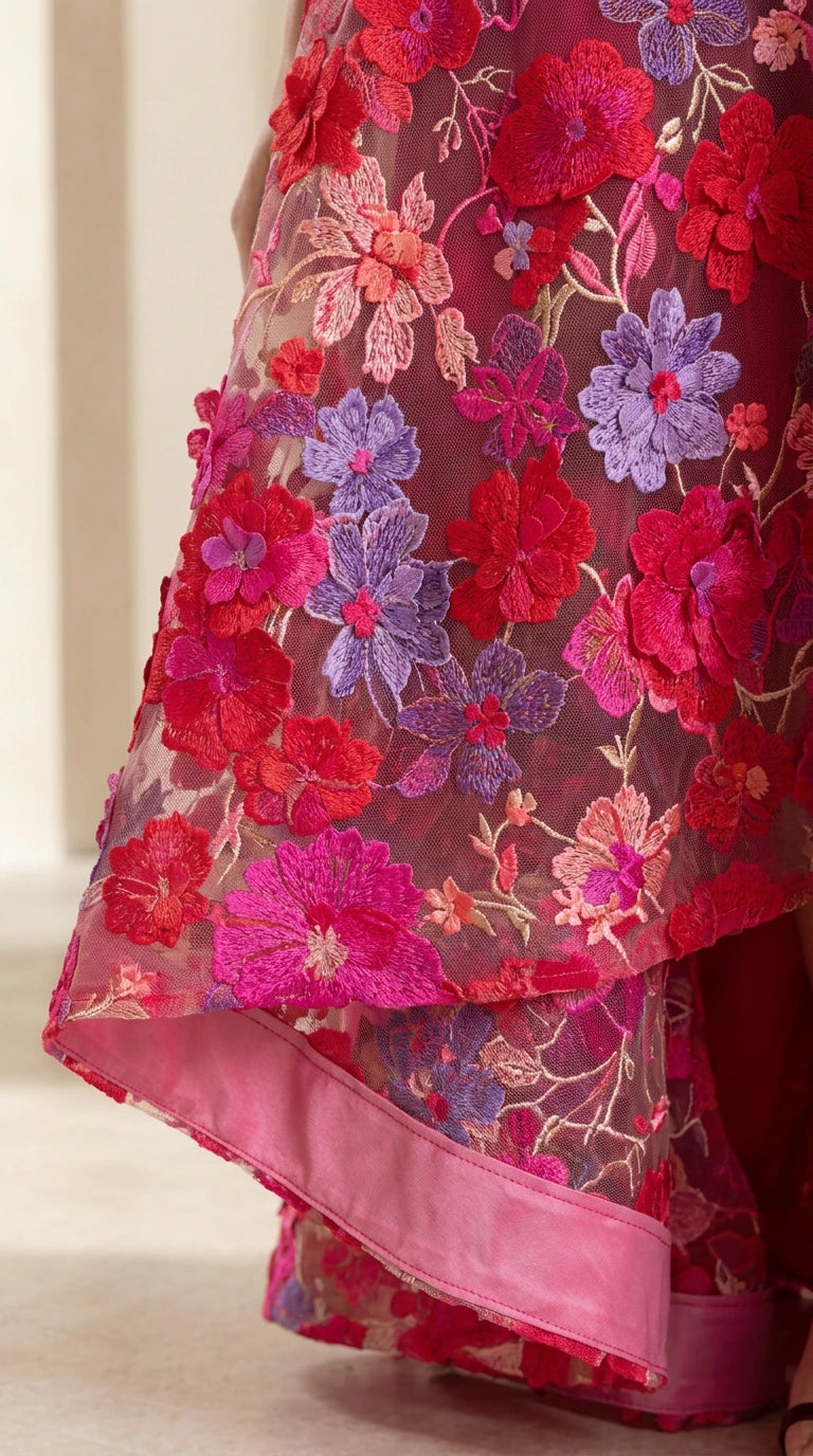 Close-up detail of multi-color 3D floral embroidery and finished hemline
