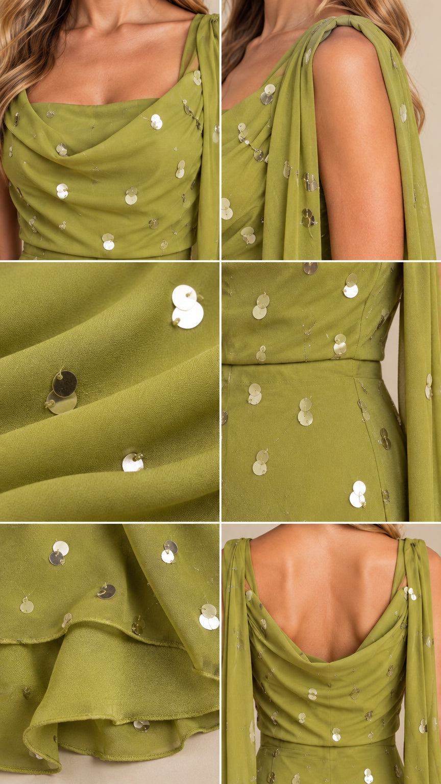 Detailed closeups of cowl neckline, shoulder streamer, sequins, and fabric hem