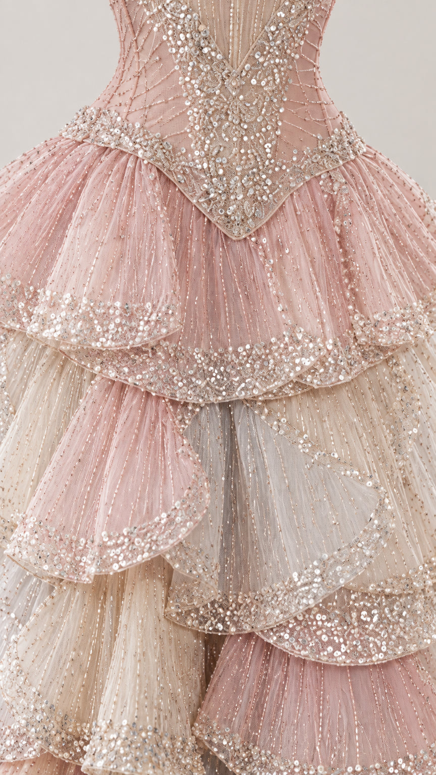 Close-up detail of embellished bodice and sequin-trimmed pleated ruffles on formal gown