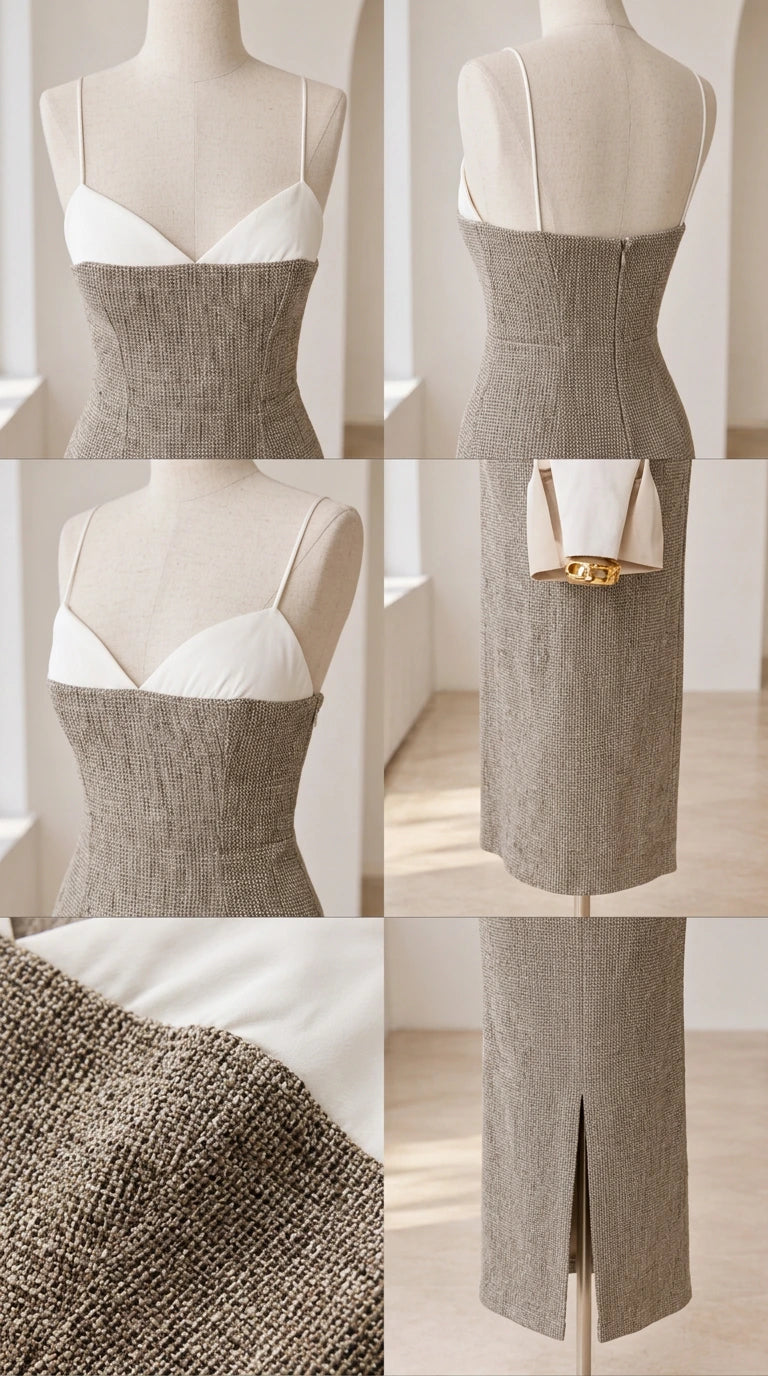Close-up detail shots showing sweetheart cups, back zipper, fabric texture, and back slit