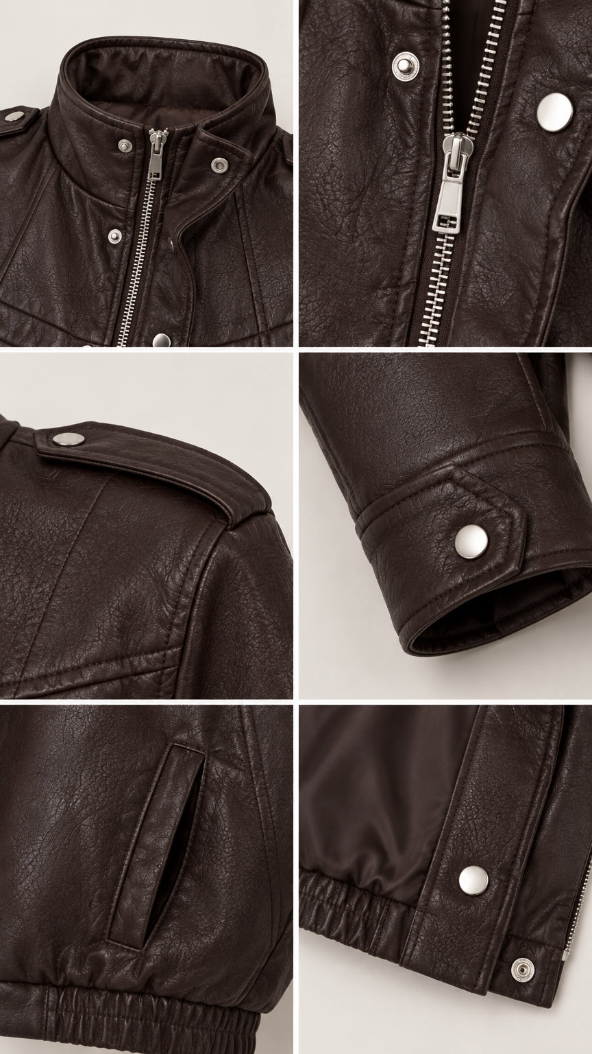Close-up detail shots showing collar, metal zipper, shoulder epaulets, snap cuff, pocket, and elastic hem