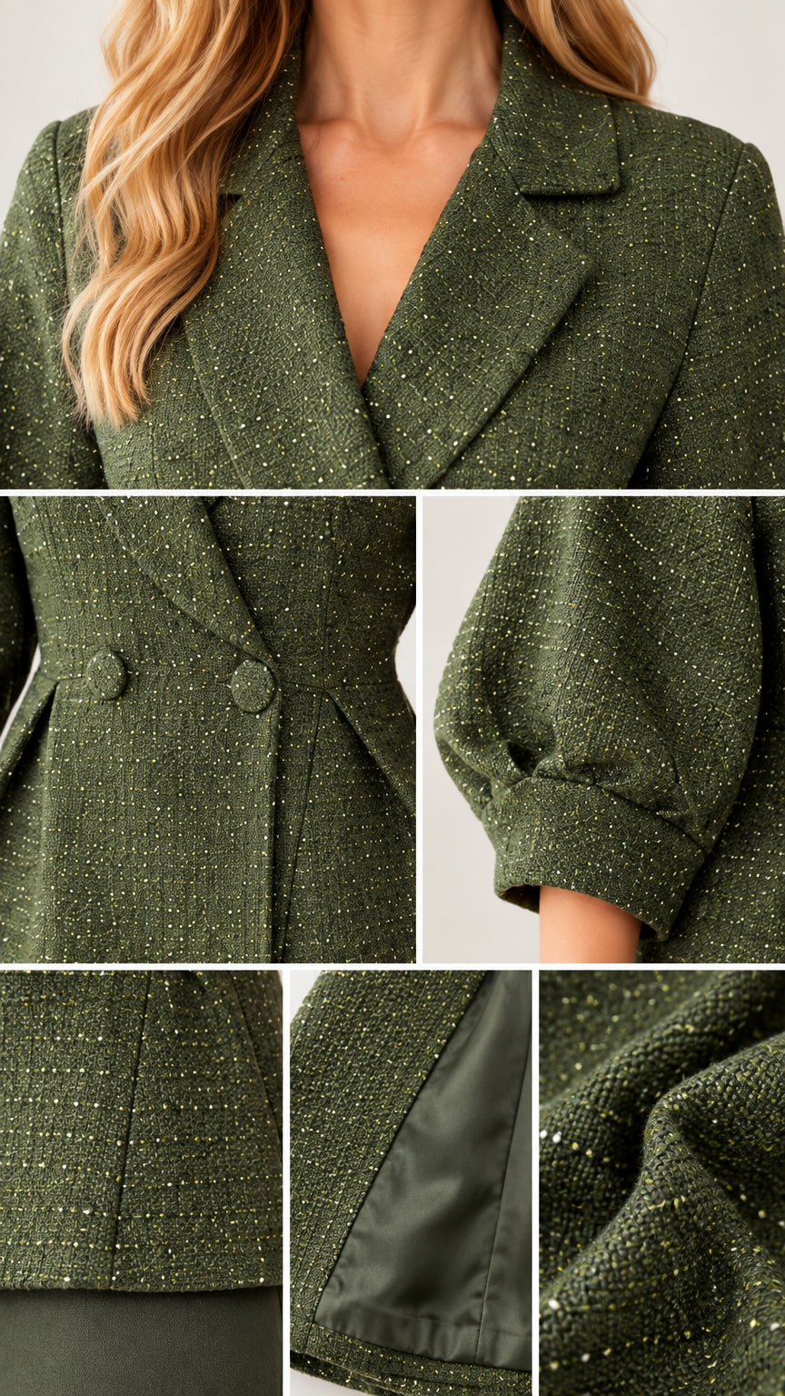 Close-up details of olive green textured fabric, notch lapels, buttons, and sleeve cuffs