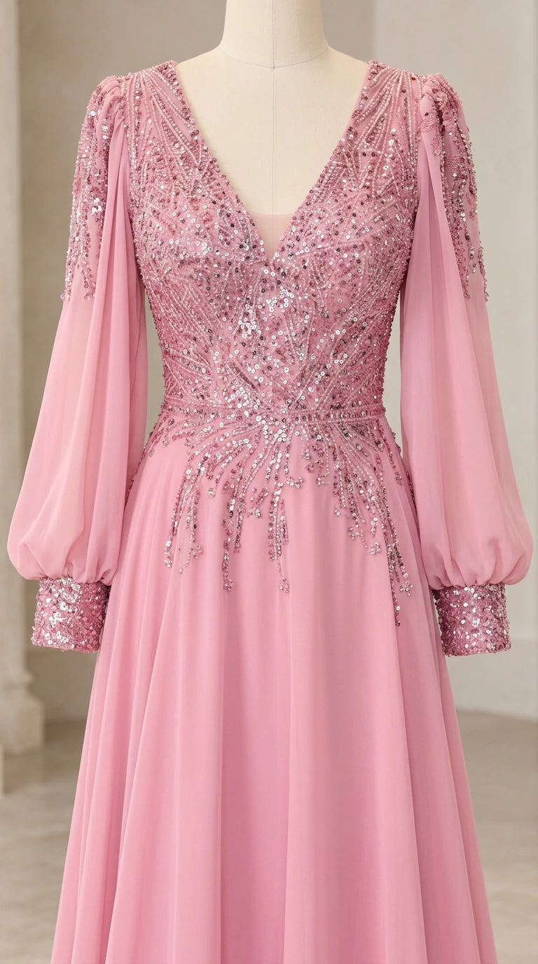 Detailed close-up on mannequin showing sequin bodice, V-neckline, and embellished cuffs