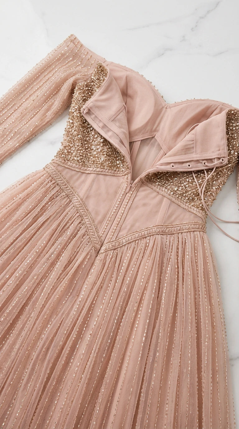 Close-up detail of structured corset bodice, beading, and zipper lining construction