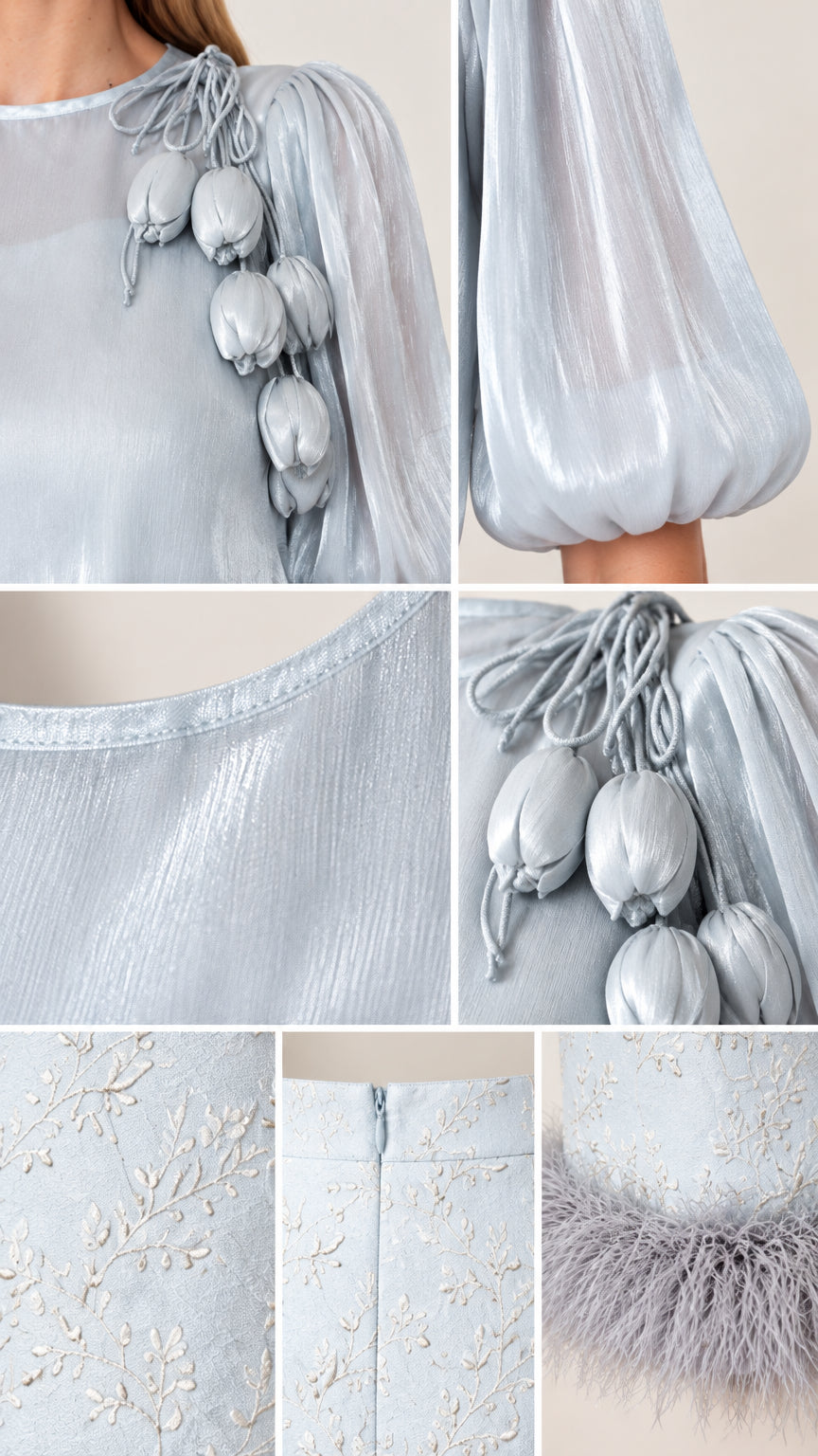 Close-up details of shoulder tassel embellishment, neckline, fabric texture, zipper, and feather hem in Ice Blue