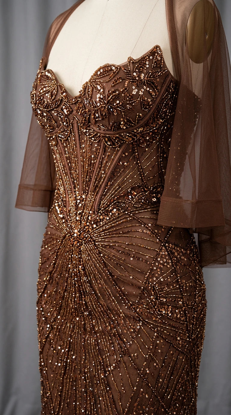 Close-up detail of structured corset sweetheart bodice with intricate brown beadwork and sequins