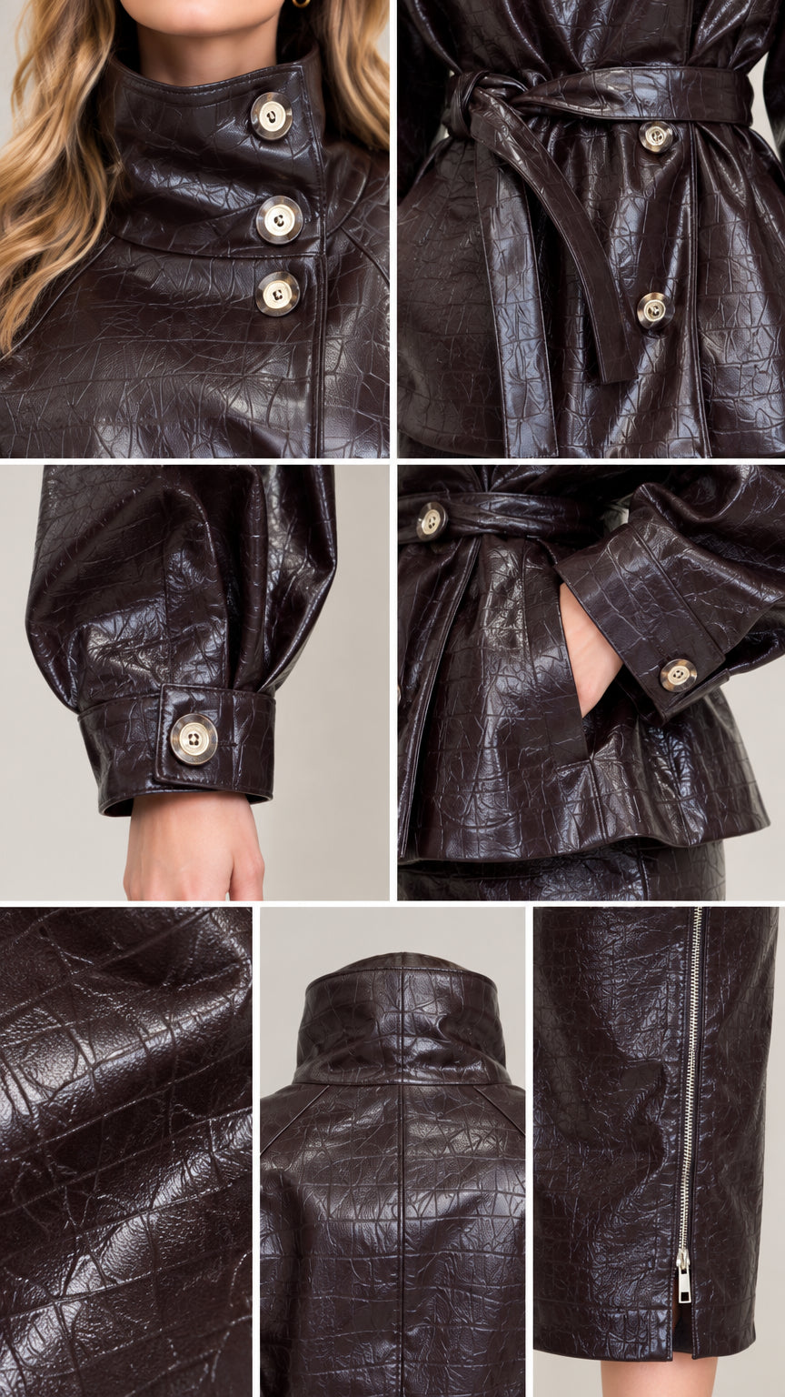 Close-up details of Dark Brown faux leather high stand collar, button cuffs, belt, and zipper hem