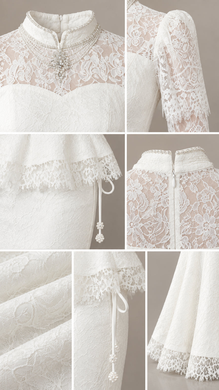 Close-up details of white lace fabric, beaded neckline, peplum waist tie, and scalloped hem