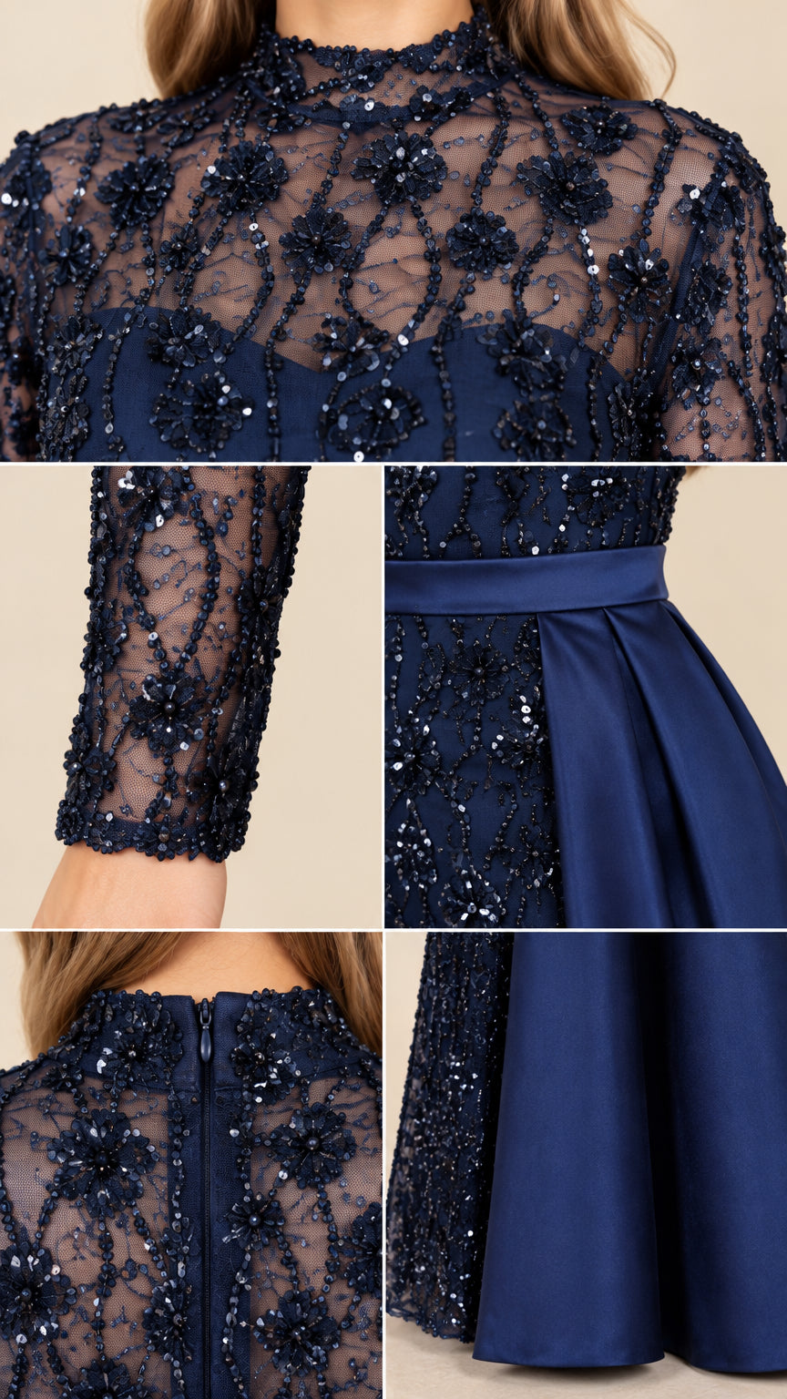 Close-up details of sequin floral lace embroidery, sleeve cuffs, and back zipper