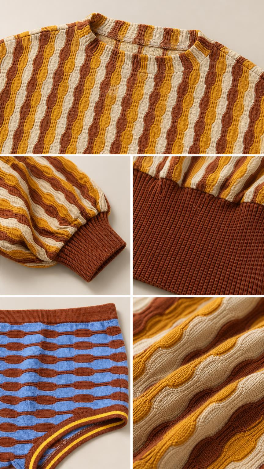 Close-up details of knit fabric, cuffs, and waistband