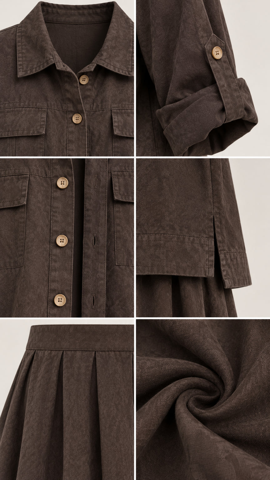 Close-up details of collar, buttons, roll-tab sleeve cuff, side slit, and textured fabric