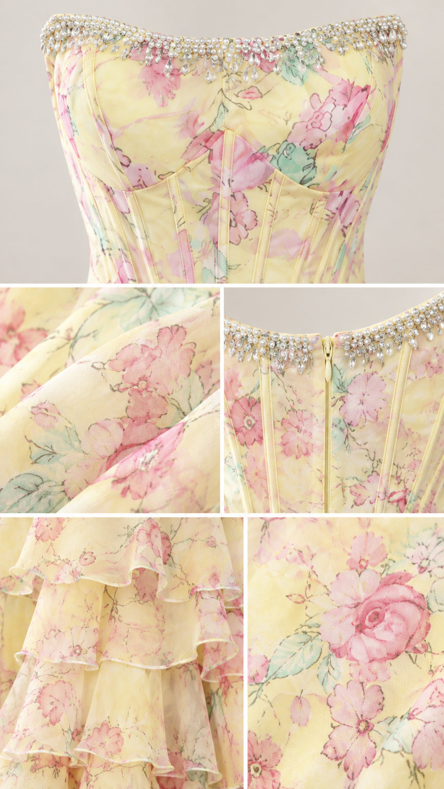 Close-up details of beaded neckline trim, boning, and ruffled floral chiffon fabric