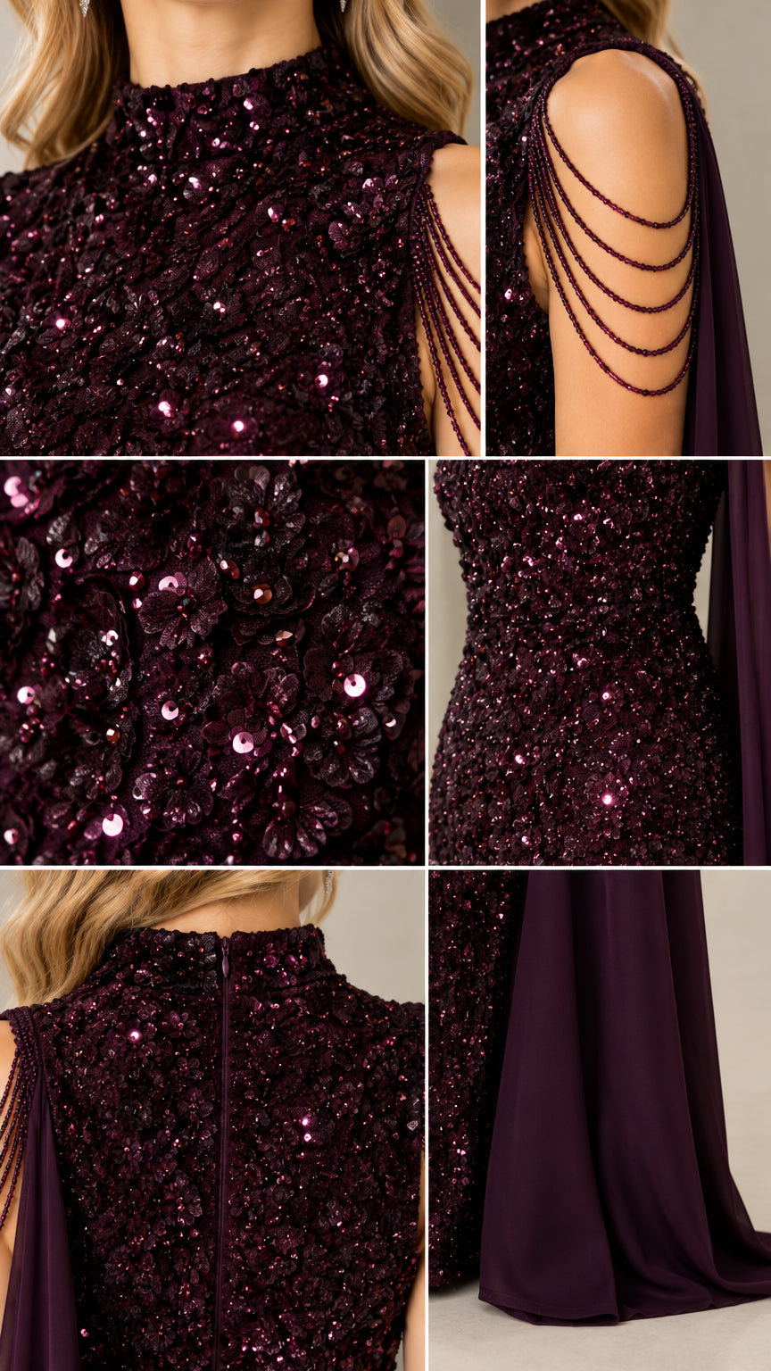 Close-up details of sequin fabric texture, beaded shoulder chains, and cape hem