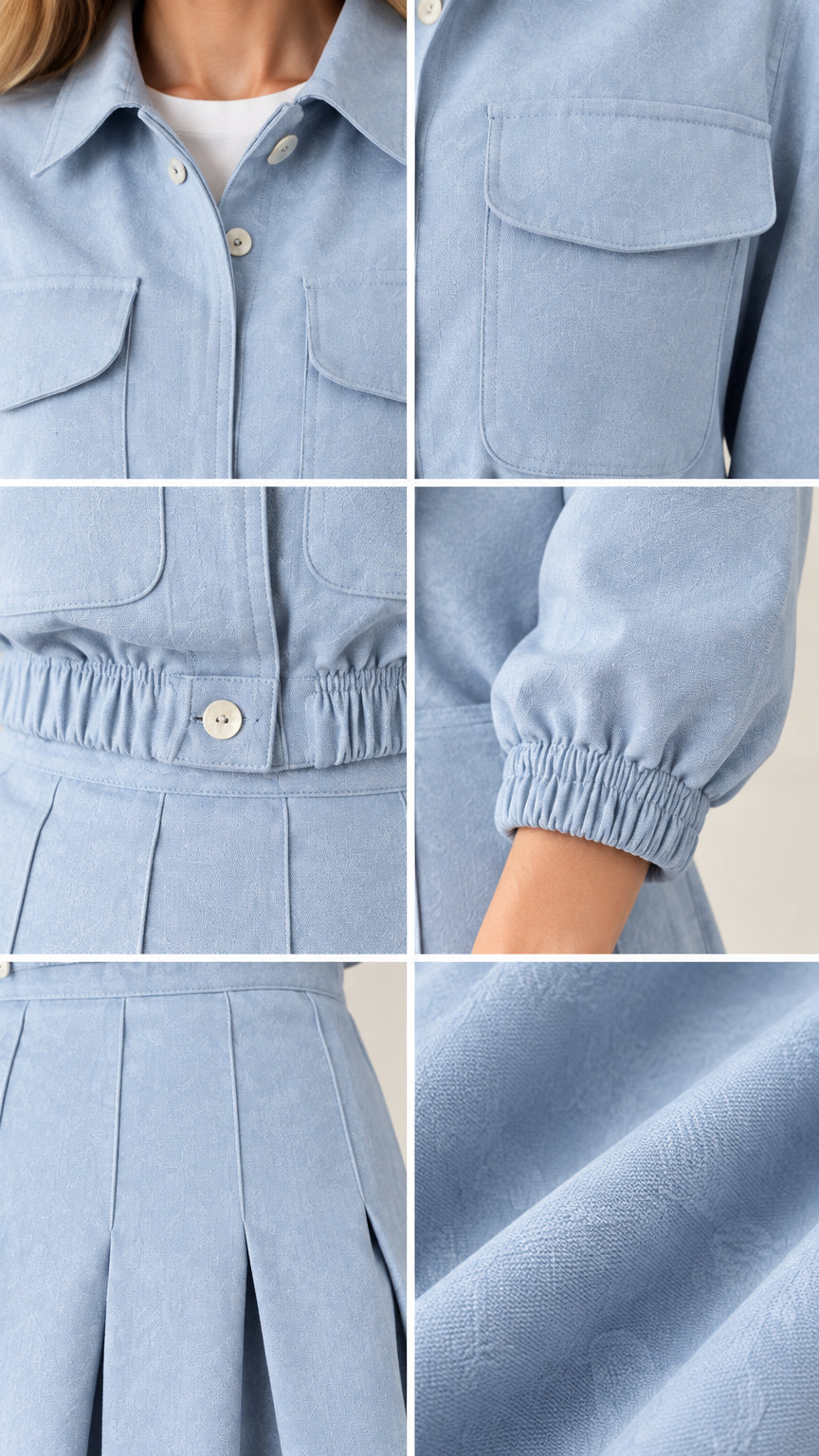 Detailed close-up collage of sky blue fabric texture, collar, chest pocket, and pleats