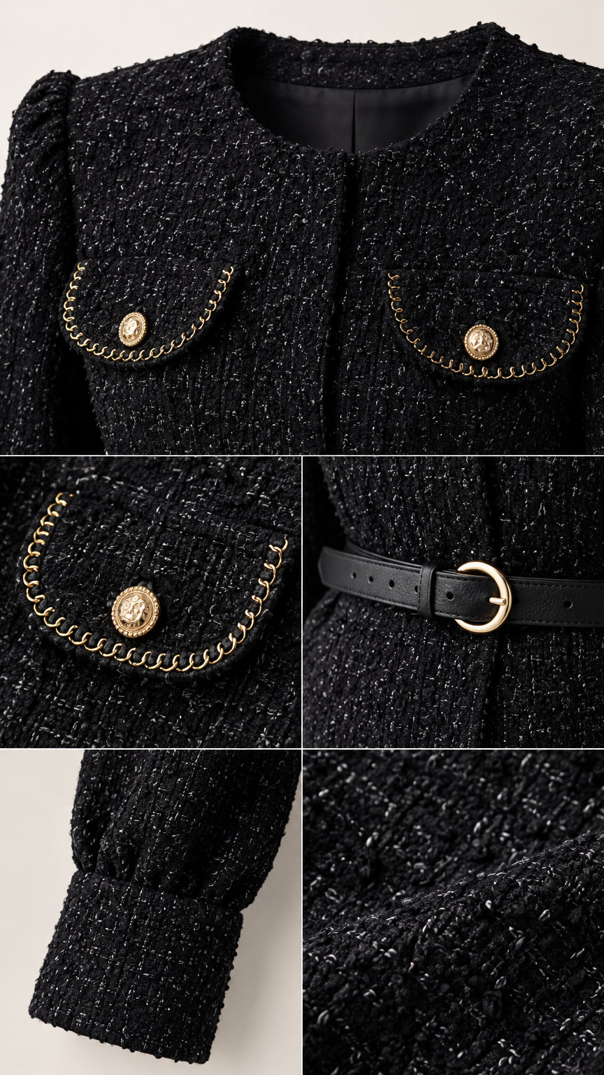 Close-up details of black tweed fabric, chain trim pockets, gold buttons, and slim belt