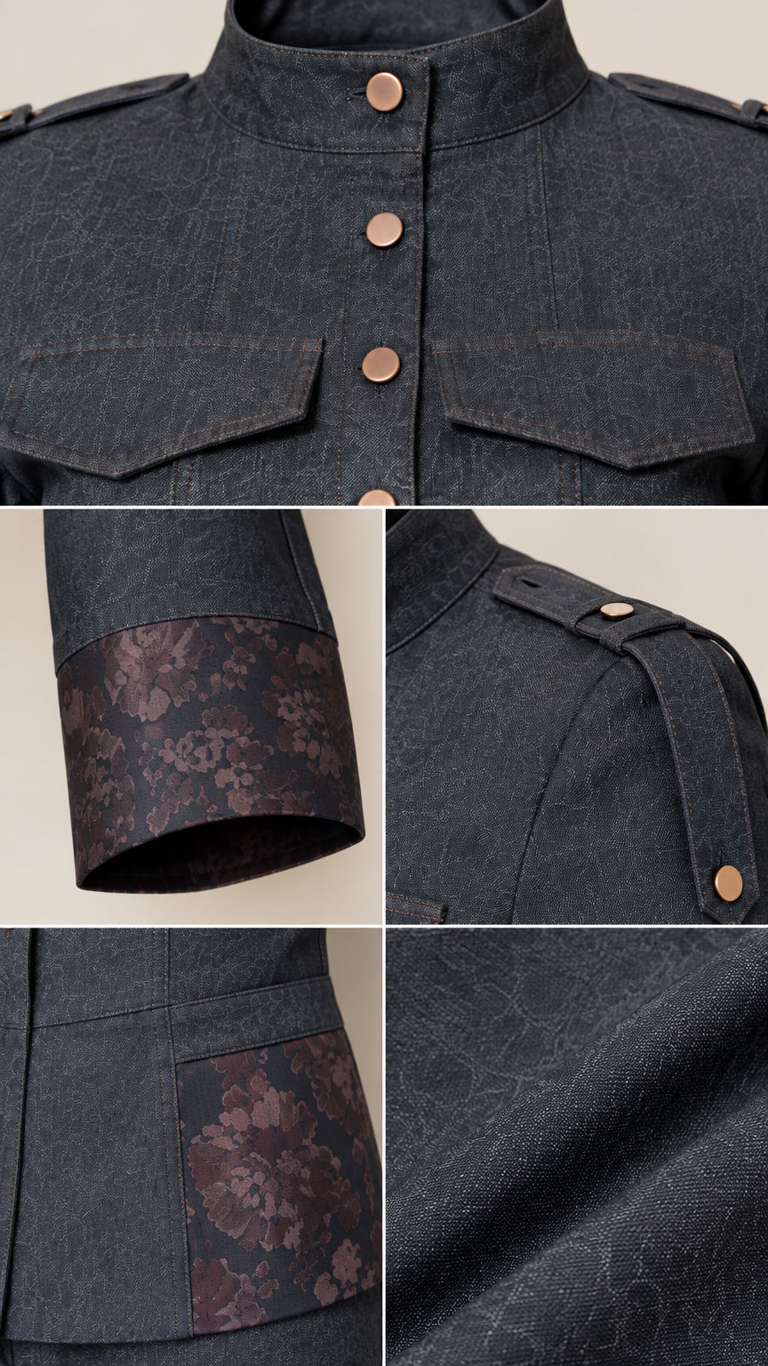 Close-up details of stand collar, metallic buttons, shoulder epaulette, and textured woven fabric