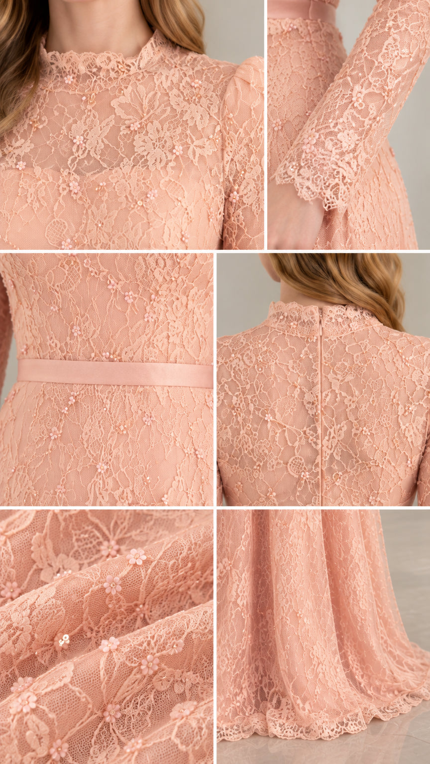 Close-up details of blush pink floral lace, neckline, sleeve cuffs, and waistband