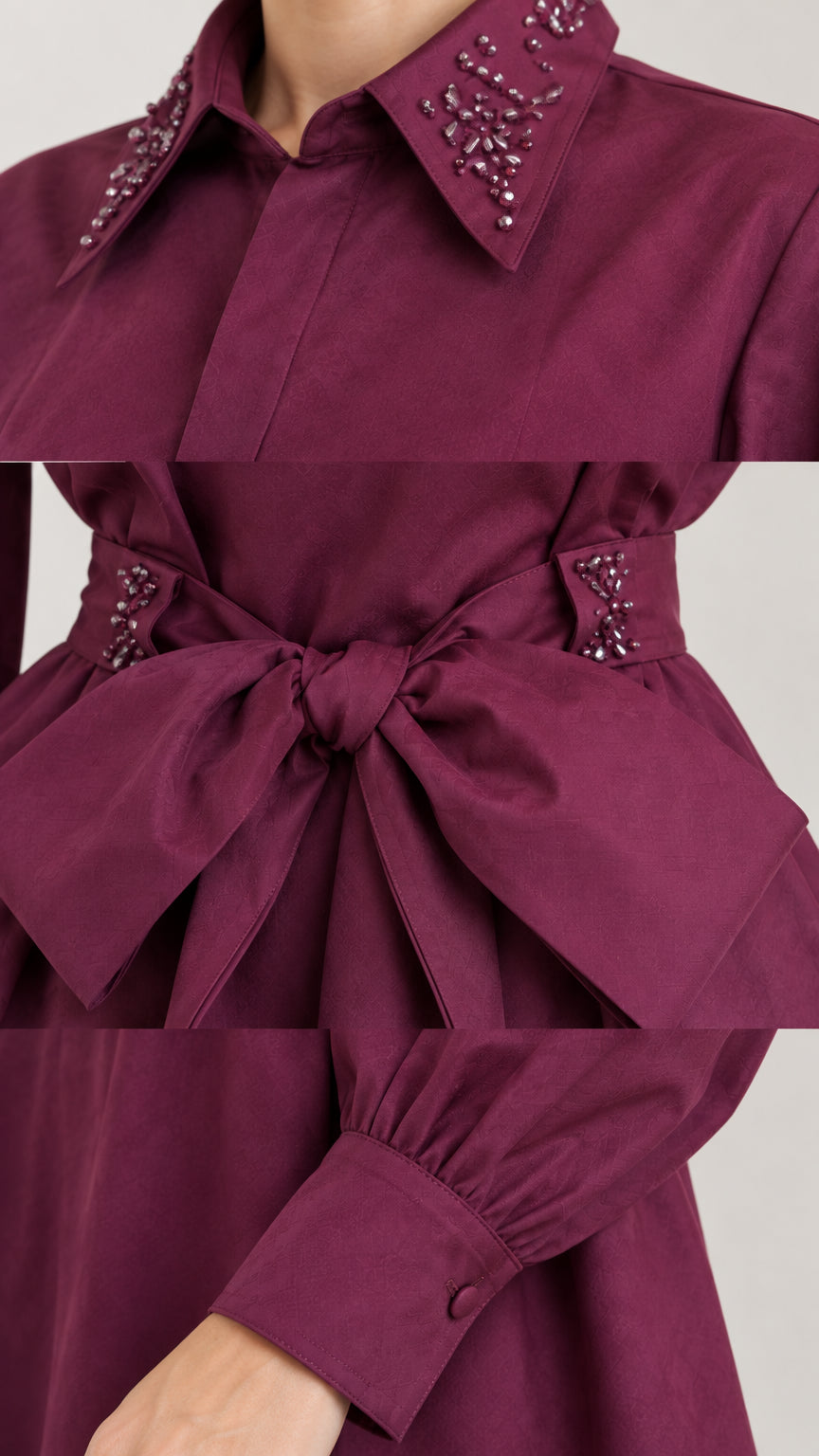 Close-up details of beaded collar, tie waist belt, and cuffed sleeve