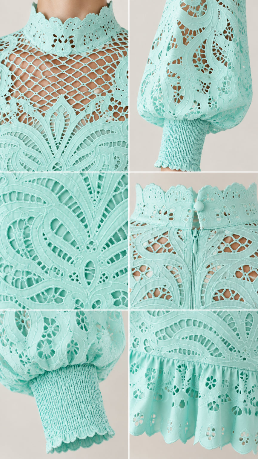 Detailed close-ups of Mint Green eyelet lace neckline, sleeves, and smocked cuffs