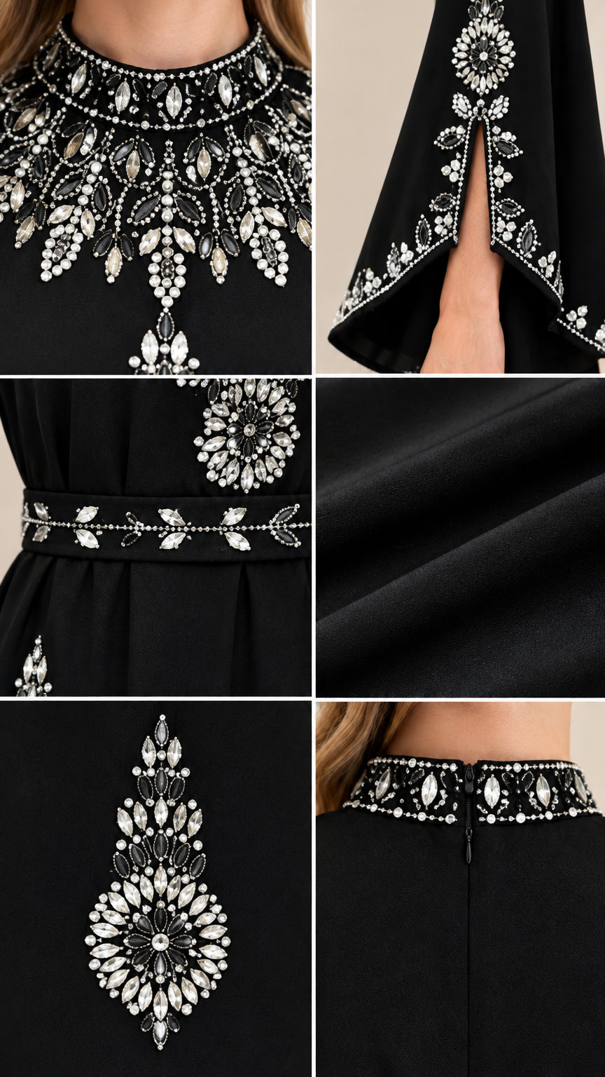 Close-up details of crystal neckline embellishments, split bell cuffs, and waistband