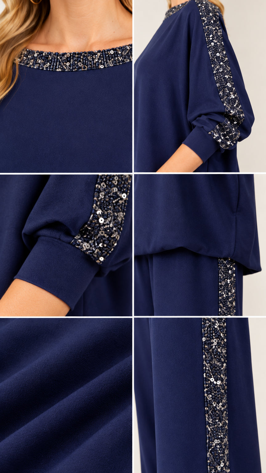 Close-up details of sequin trim on boatneck collar, sleeves, and pant seams
