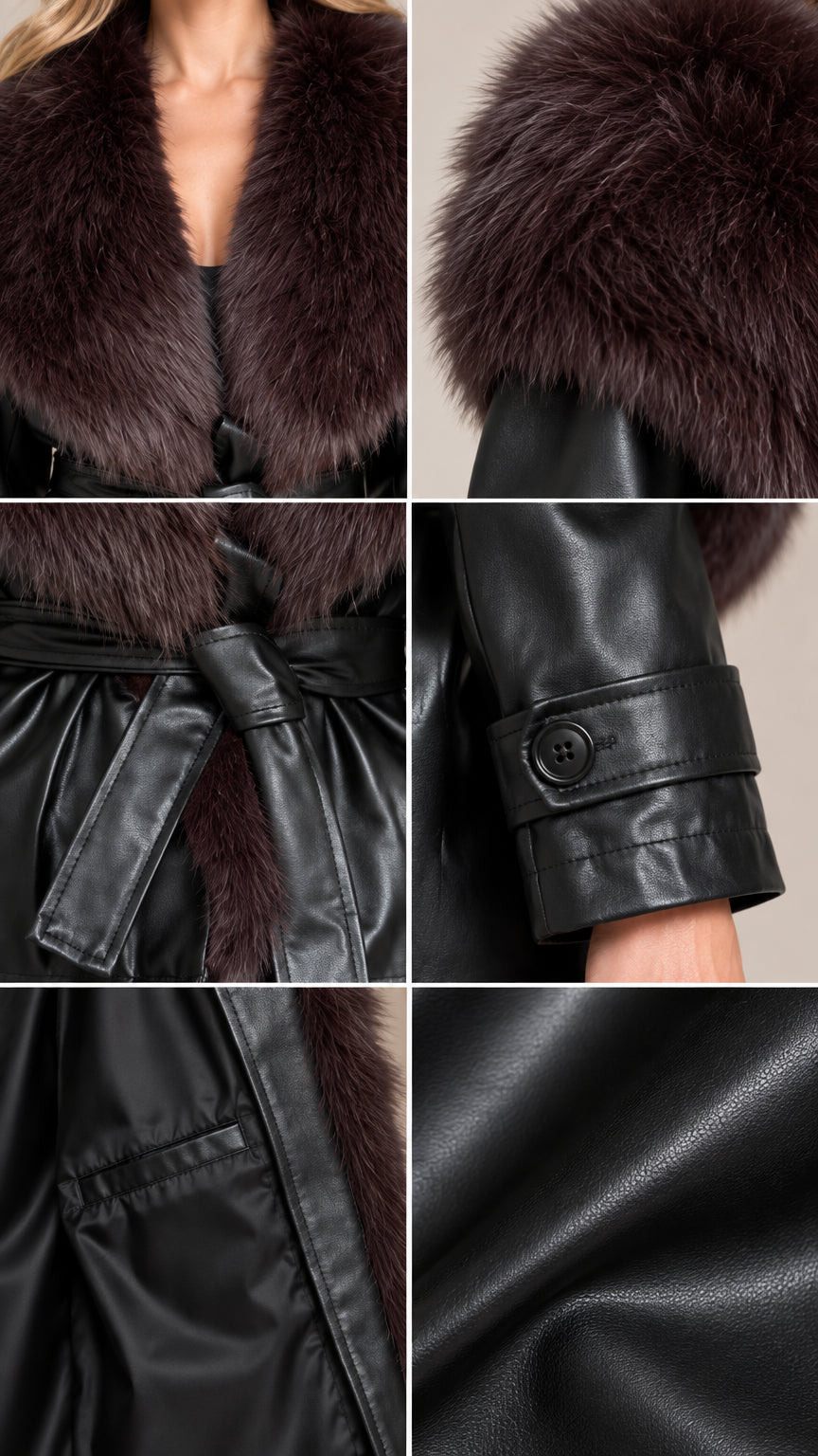 Close-up detail collage showing faux fur collar, tie belt, cuff strap, and faux leather texture