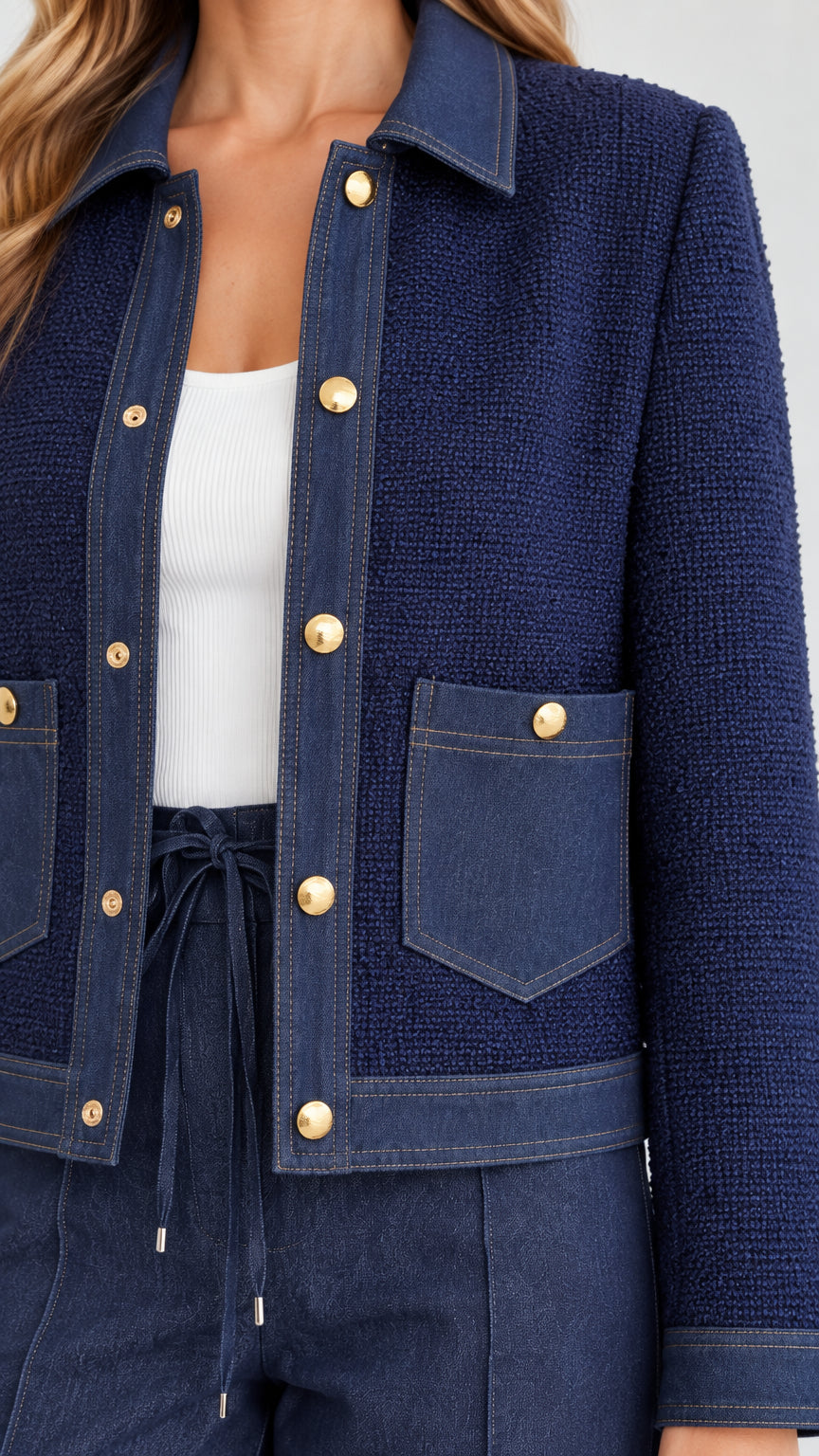Close-up detail of textured fabric, gold buttons, and front pocket design in navy blue