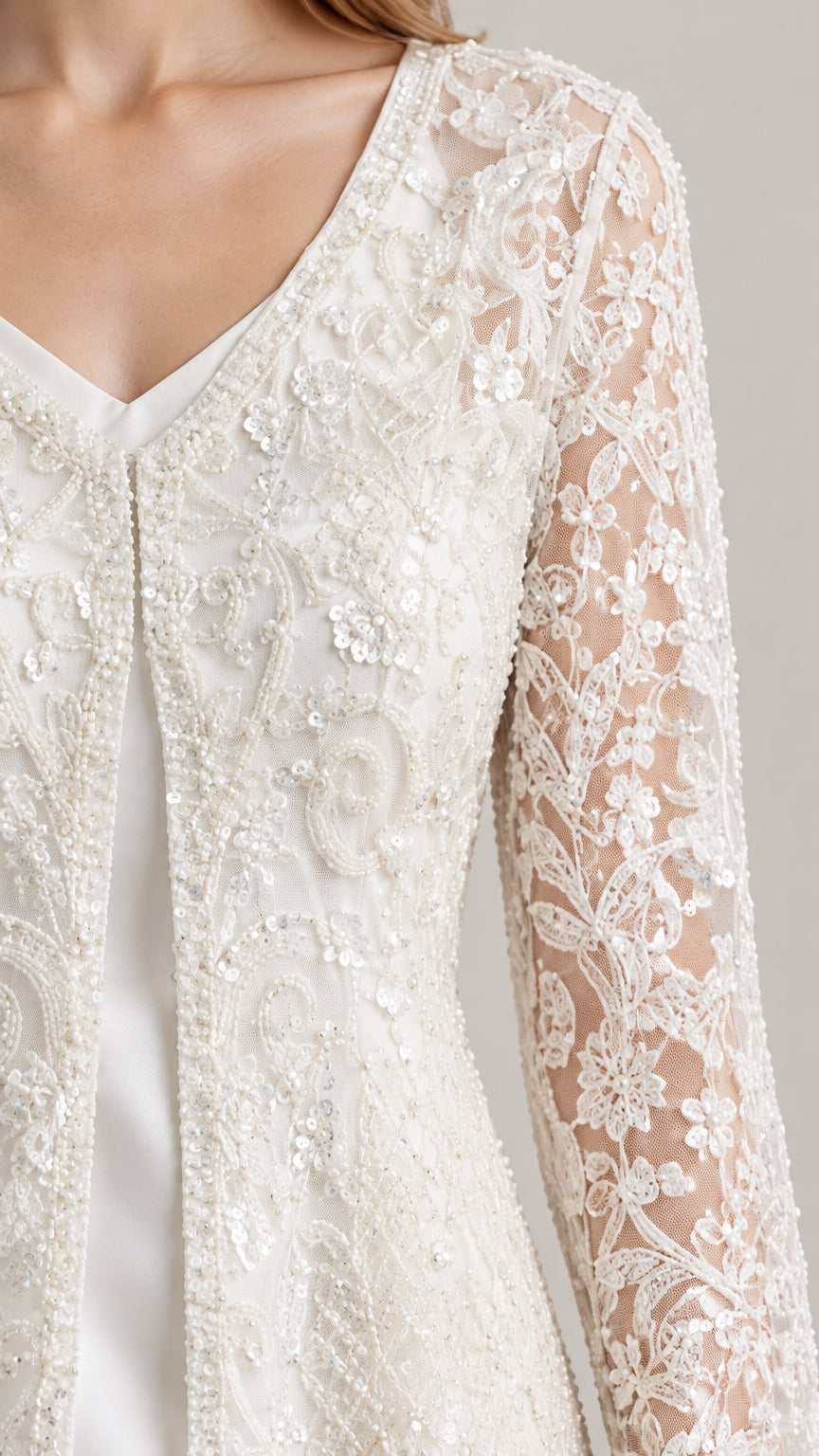 Close-up detail of Ivory floral lace embroidery and sequin accents