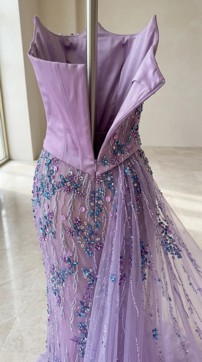 Close-up interior and exterior detail of lavender corset bodice and zipper construction