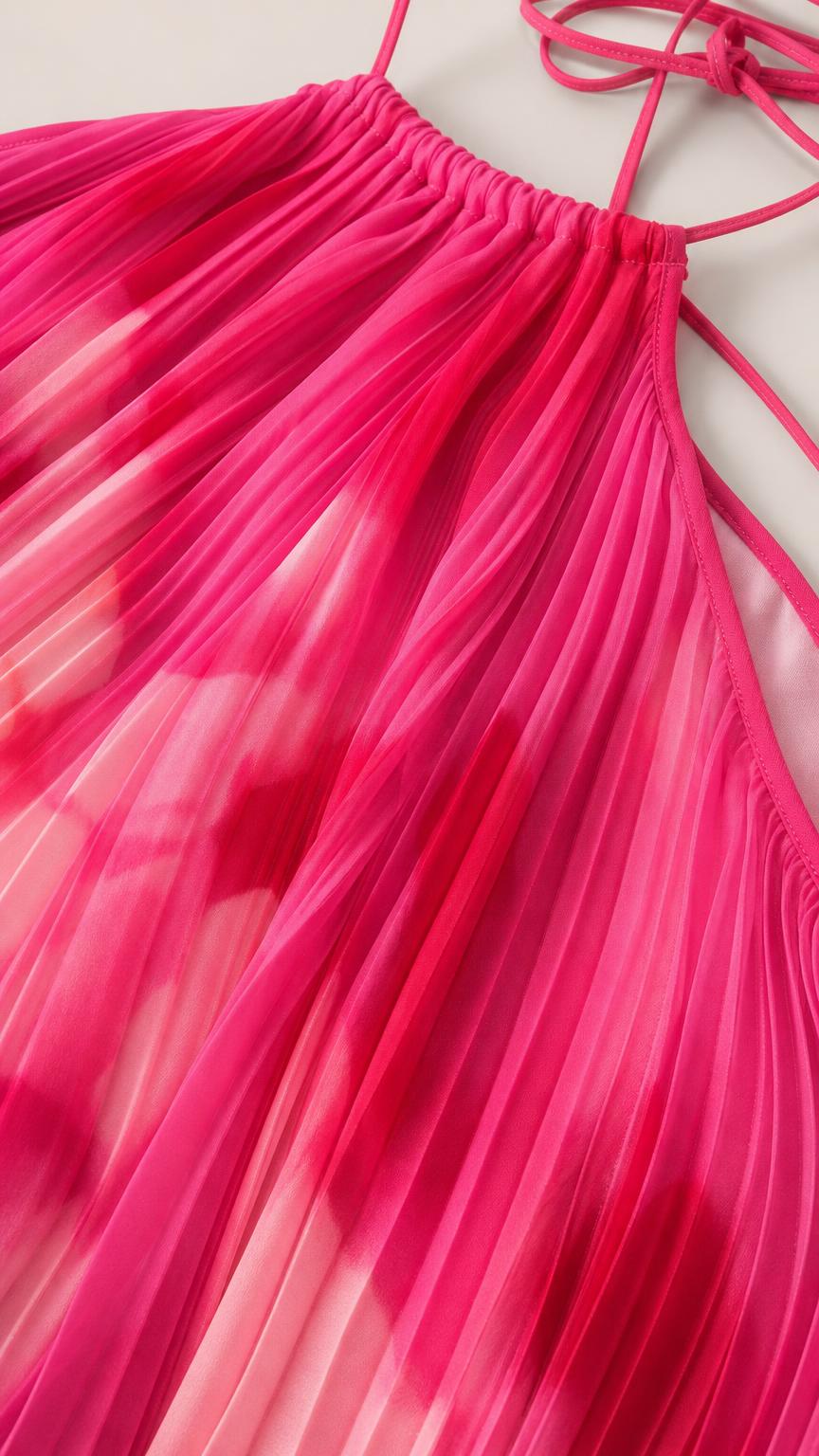 Close-up detail of pleated texture and halter neckline in fuchsia
