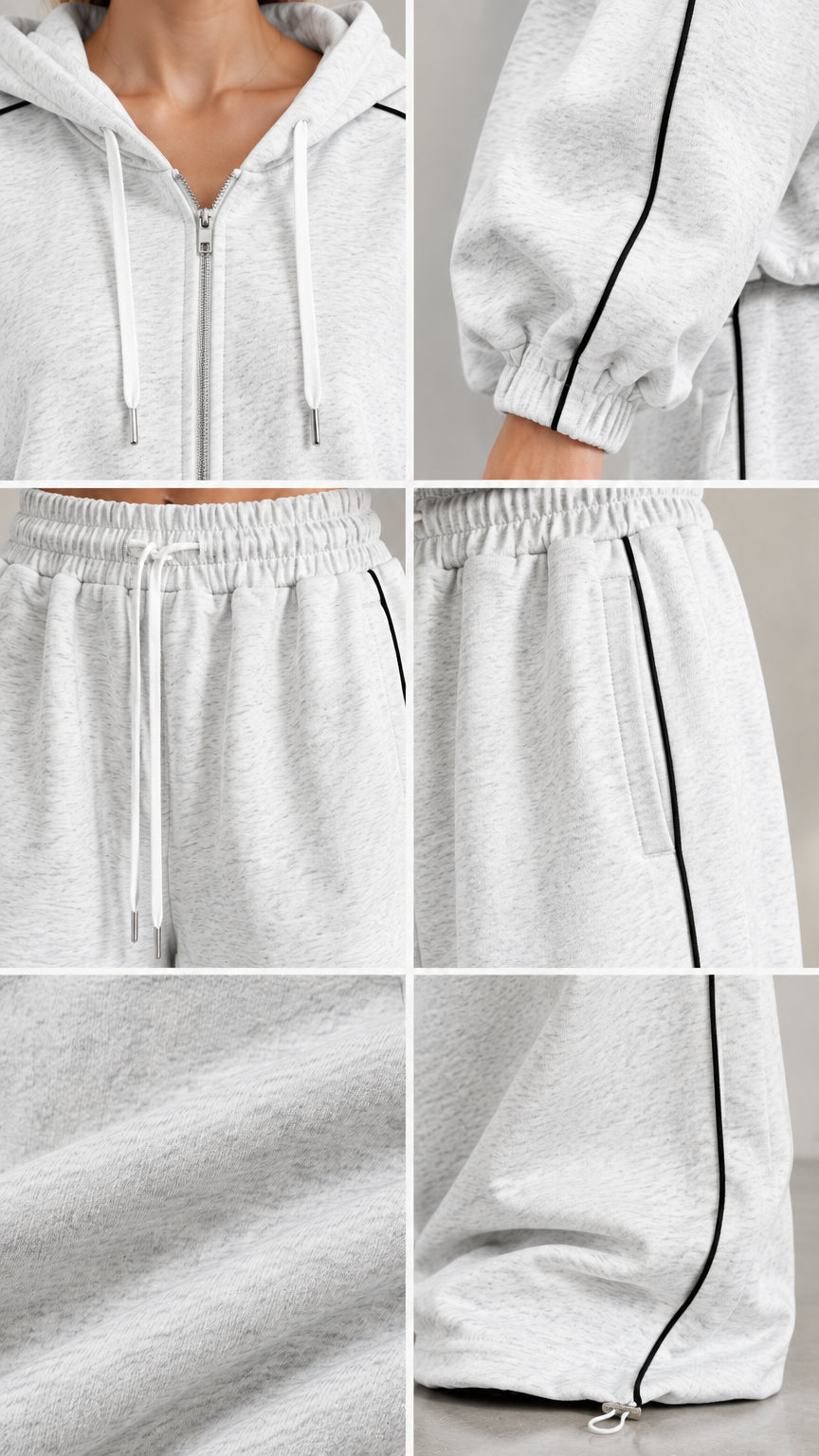 Close-up details of zipper, hood drawstrings, elastic waistband, and fabric texture
