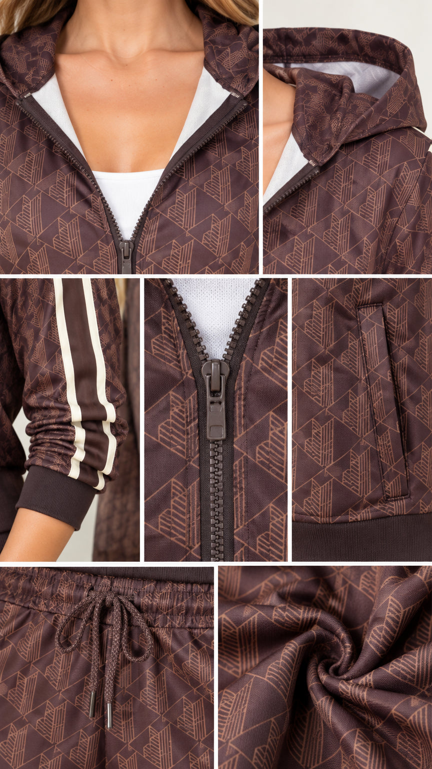 Close-up details of geometric print fabric, front zipper, hood lining, and drawstring