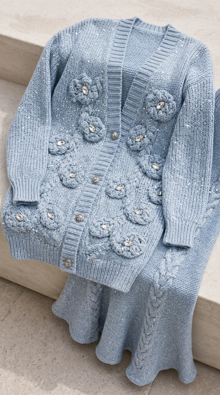 Close-up flat lay of light blue knit cardigan featuring 3D floral appliqués and buttons