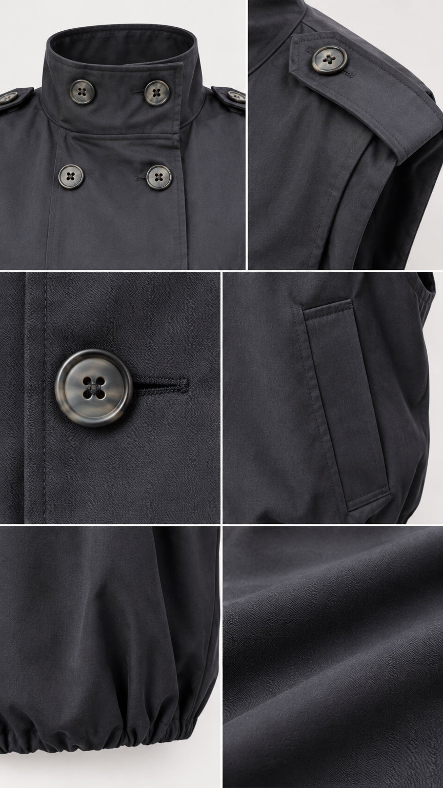 Close-up detail collage showing stand collar, buttons, shoulder epaulet, side pocket, and elastic hem of black vest