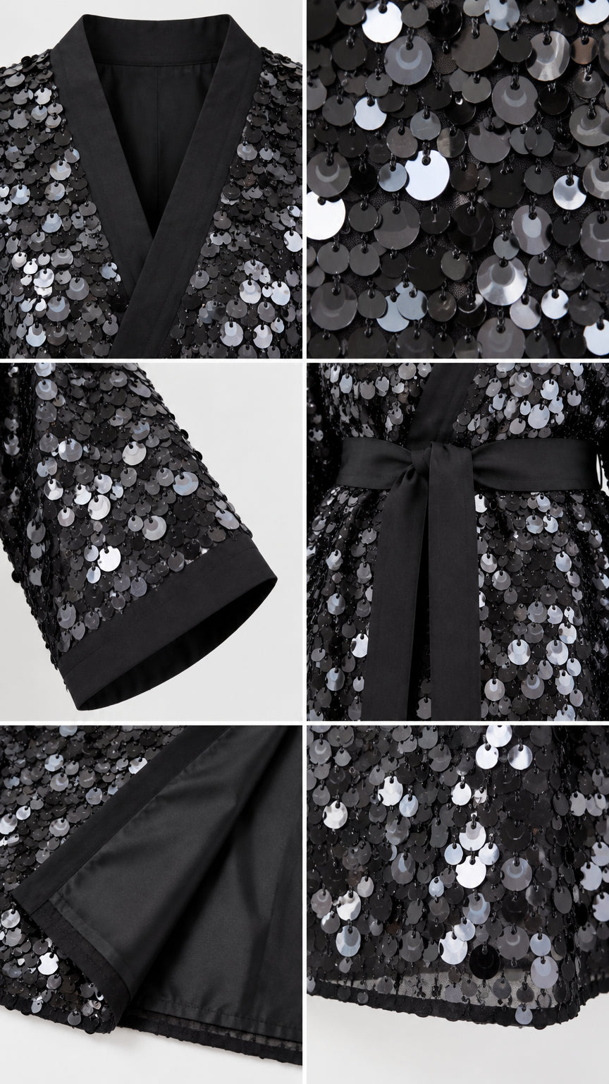 Detailed close-up views of Black sequin wrap jacket fabric, neckline trim, cuffs, and inner lining