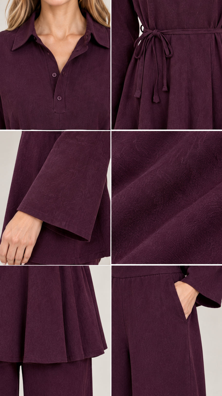 Detailed close-up views of collar, drawstring belt, sleeve cuff, fabric texture, and side pocket