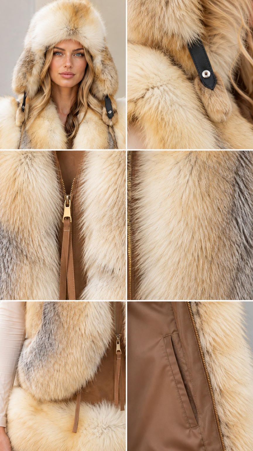 Close-up detail shots showing hood, metal zipper, faux fur texture, and inner lining pocket