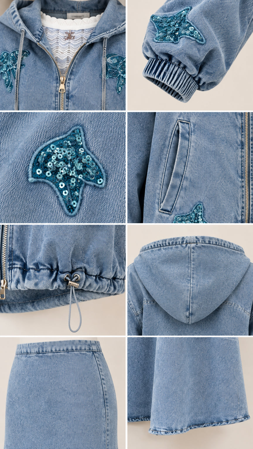 Close-up details of sequin appliques, zip closure, cuffs, and hemline on Light Blue denim set