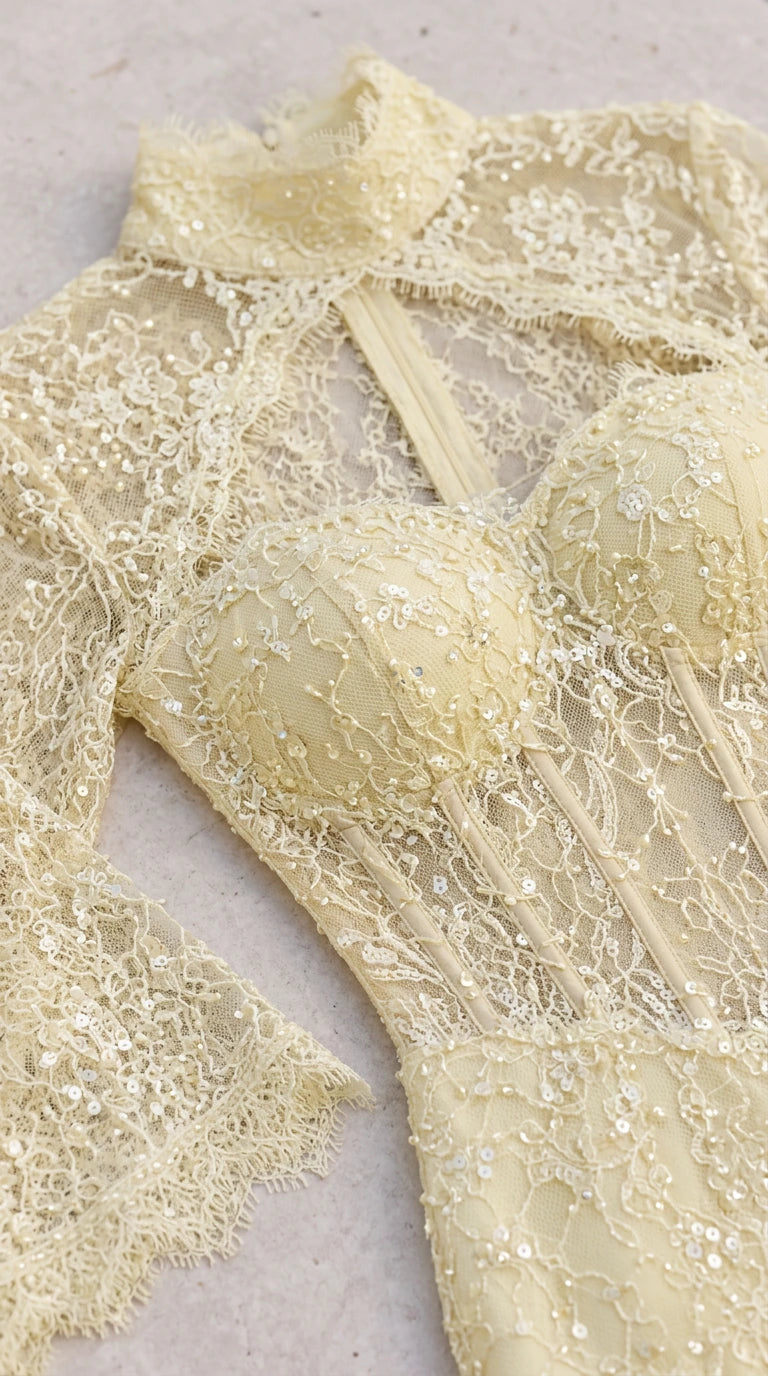 Close-up detail of light yellow corset bodice with delicate lace and sequin embroidery