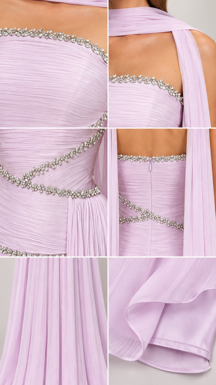 Close-up details of rhinestone beaded trim, ruched bodice, and pleated chiffon hem
