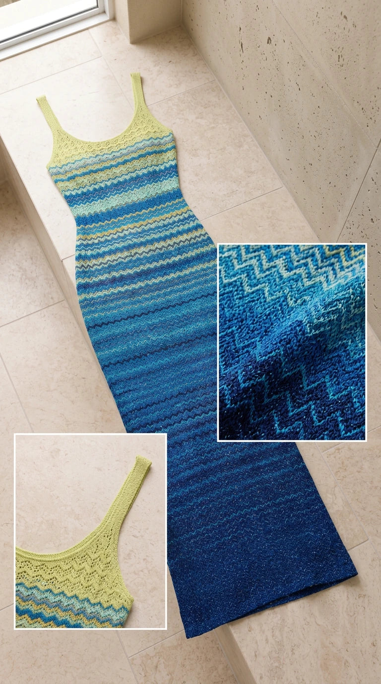 Flat lay and close-up texture detail of Ocean Blue chevron knit fabric and neckline