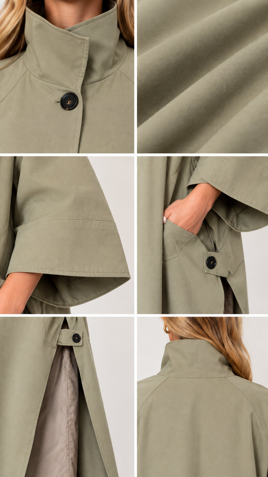 Close-up details of stand collar, pocket button tabs, fabric texture, and wide sleeves on sage green coat