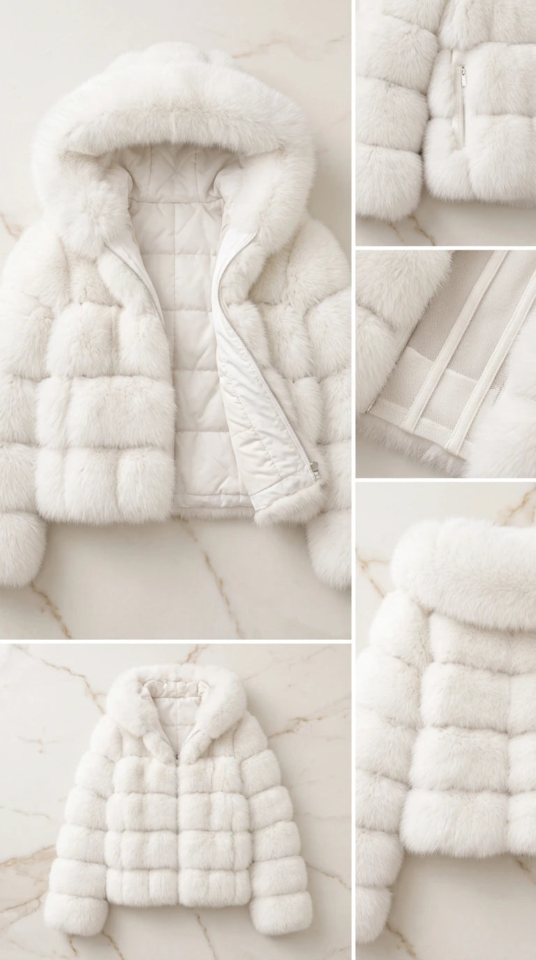 Flat lay and detail close-up shots of white hooded faux fur jacket and zipper