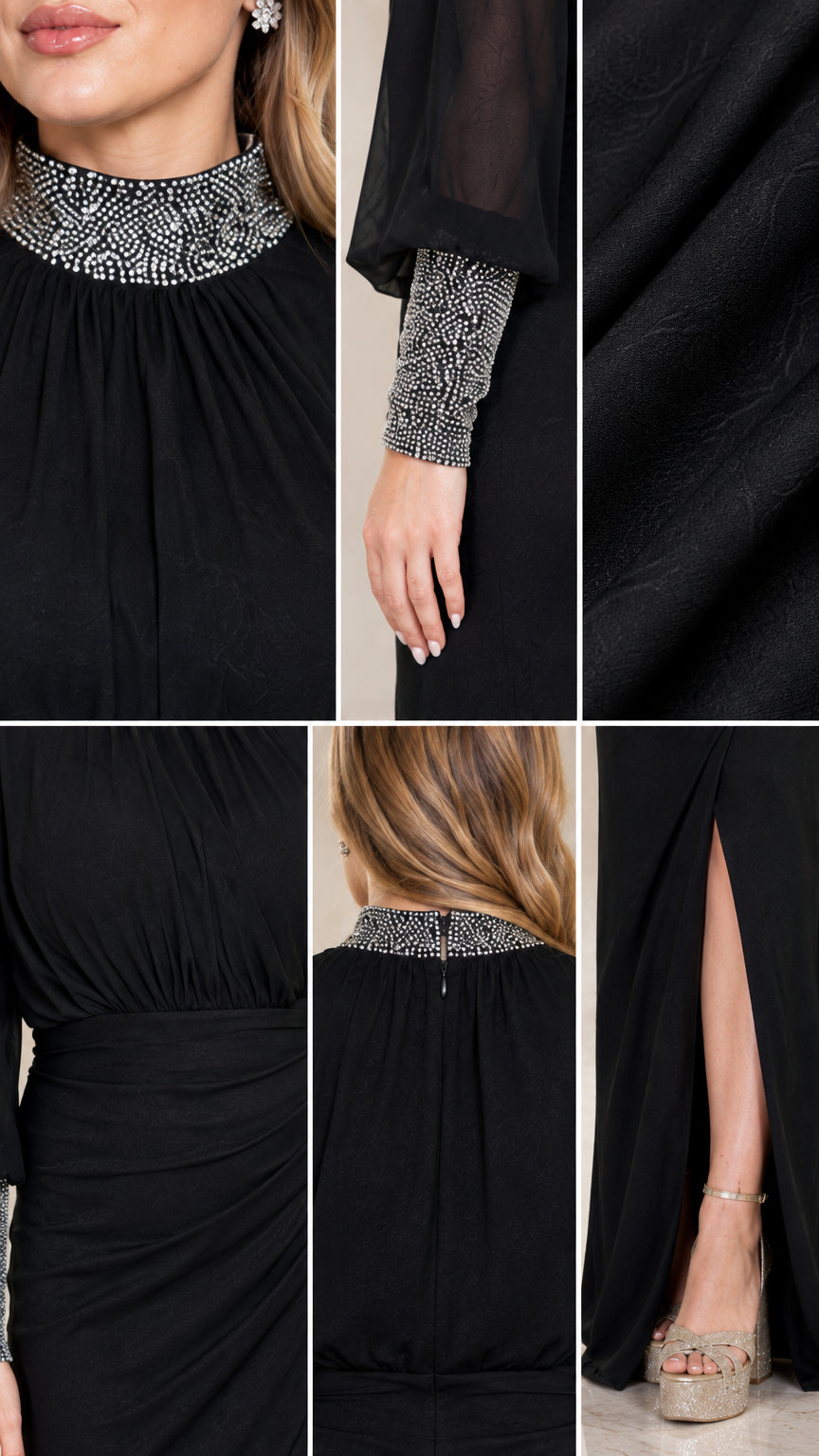 Close-up details of beaded neckline, rhinestone cuffs, and ruched waist